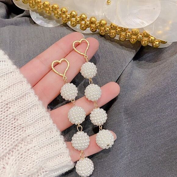 White Gold Tone Heart Texter Oval Solid Beaded Faux Pearl Earrings Boho Roun - Picture 2 of 10